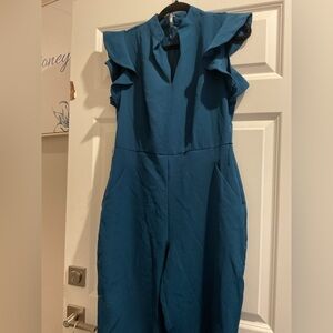 New York & Company Teal Ruffle Sleeve jumpsuit
